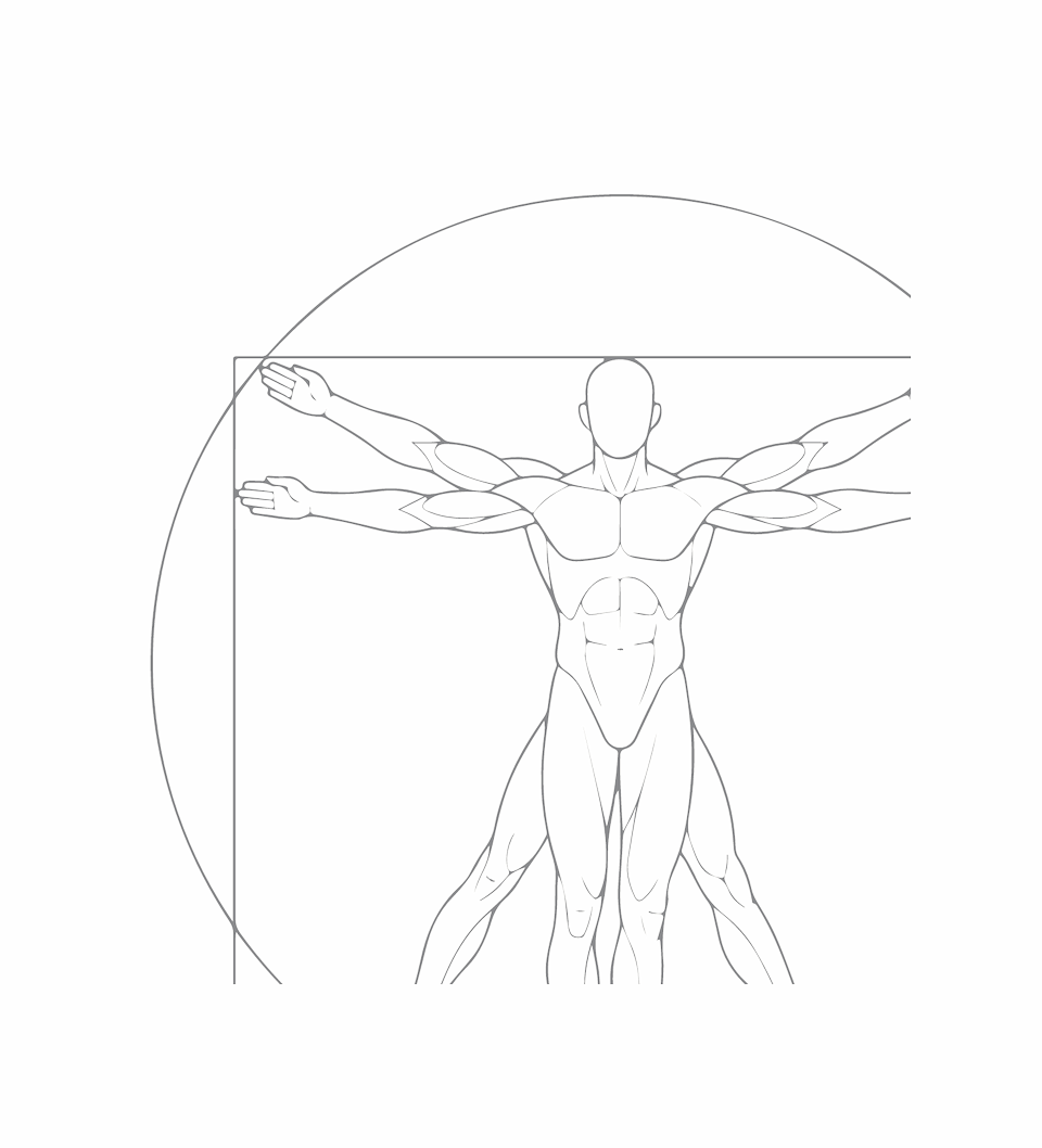 Pencil drawing of a human figure with arms outstretched inside a circle and a square
