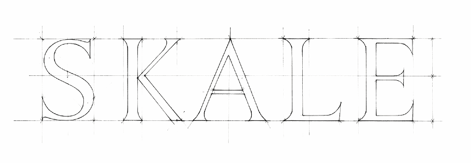 Pencil drawing of the letters SKALE being constructed on guide lines